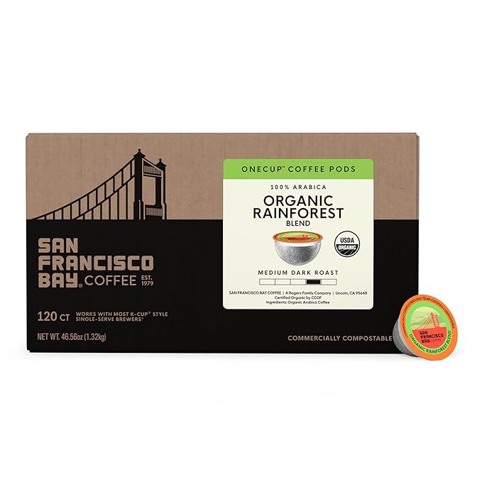 San Francisco Bay K-Cup Coffee Pods, Organic Rainforest Blend (120 ct), Medium-Dark Roast, Commercially Compostable USDA Organic Single-Serve Coffee Pods