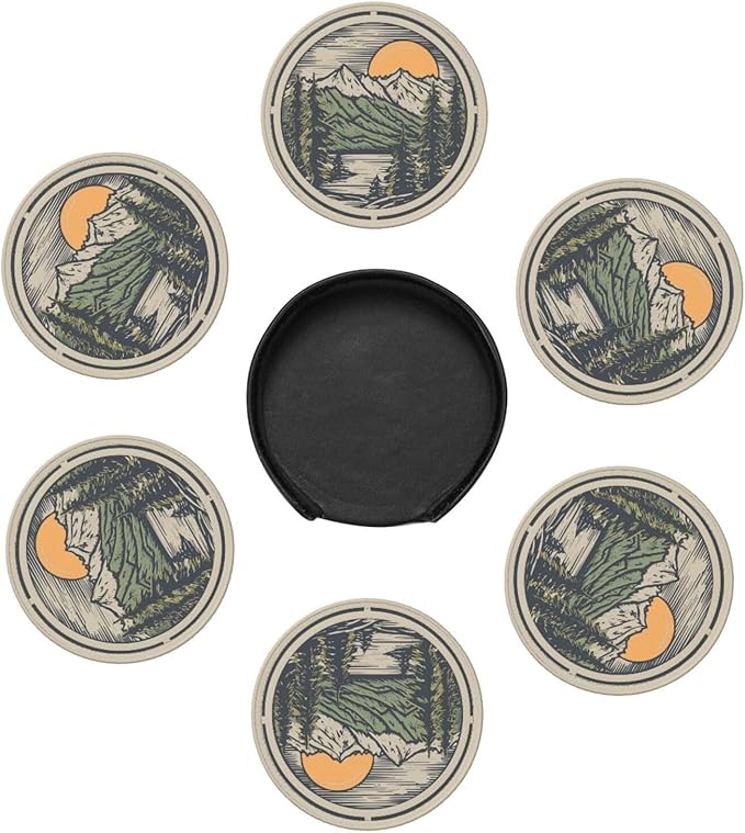 Mountain Sunset Leather Drinks Coasters with Holder, Set of 6, Suitable for Various Cups