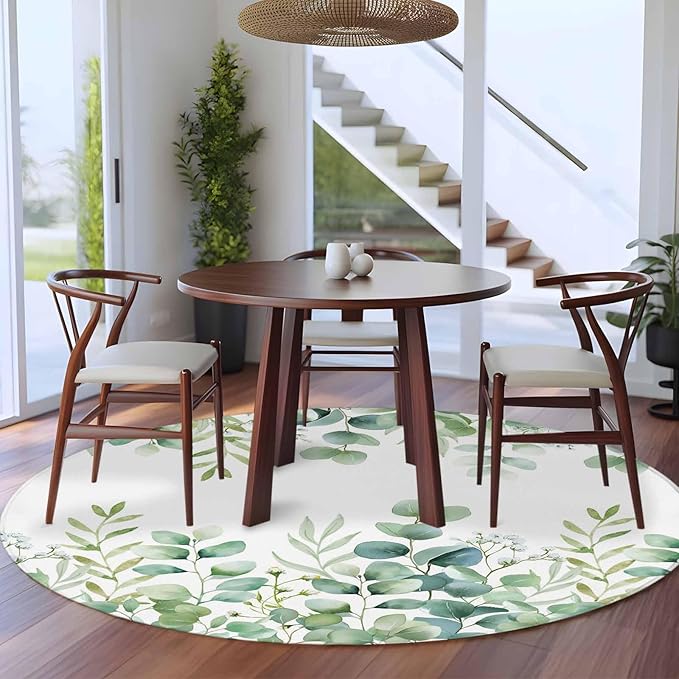Sage Green Eucalyptus Leaves 8ft Round Rug, Farmhouse Botanical Non-Skid Rubber Backing Large Area Rugs - Living Room Bedroom Home Office, Country Indoor Floor Mat Carpets Washable Rug