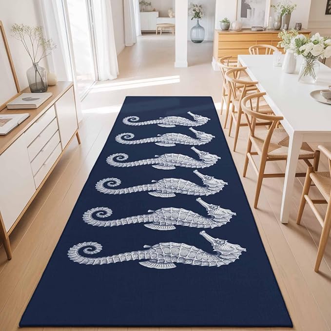 Runner Rug for Bedroom Hallway, Ocean Life Seahorse Navy Blue Kitchen Runner Rugs Area Rug 2x6ft, Summer Nautical Theme Washable Soft Floor Carpet for Entryway Stair