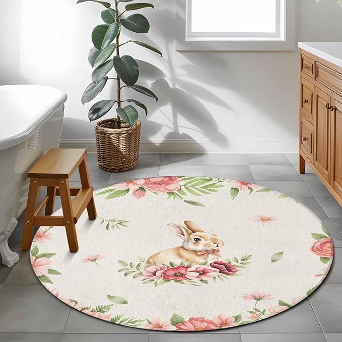 Washable Round Area Rug Retro Easter Rabbit on Linen Circle Rugs Floor Carpet for Living Room Bedroom, Spring Pastoral Pink Flower Leaf Soft Non Slip Round Rug 3ft