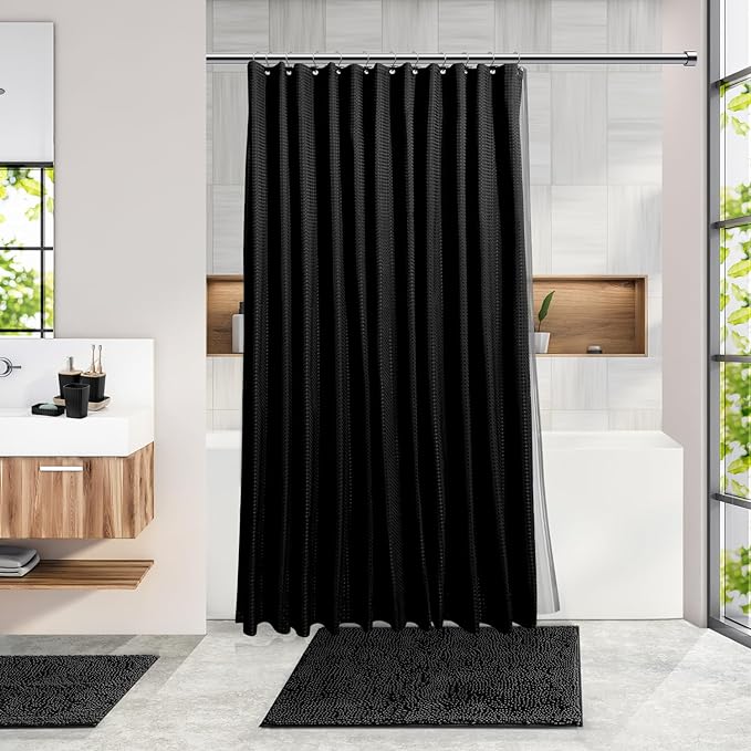 Clara Clark Bathroom Accessories Set - Bathroom Set, Bathroom Sets with Shower Curtain and Rugs, Shower Curtain Set with Bathroom Trash Can - Black - 22PC