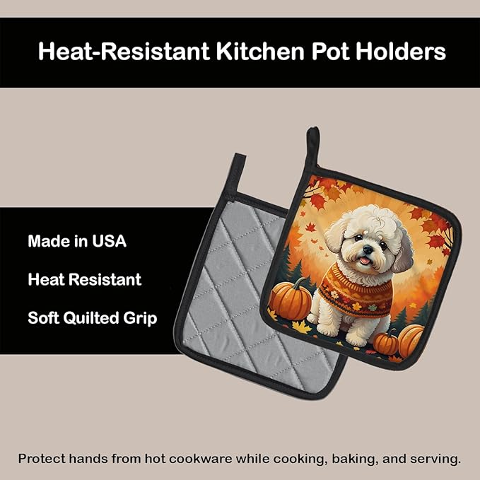 Caroline's Treasures DAC1020PTHD Bichon Frise Fall Pair of Pot Holders Kitchen Heat Resistant Pot Holders Sets Oven Hot Pads for Cooking Baking BBQ, 7 1/2 x 7 1/2