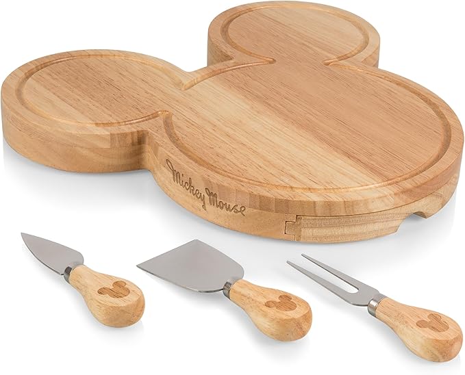 PICNIC TIME Disney Mickey Mouse Head Cheese & Charcuterie Board Set, Parawood Cutting Board with Hidden Drawer & 3 Cheese Knives, Fun Disney Gift, Party Platter, Picnic Set & Kitchen Serving Tray