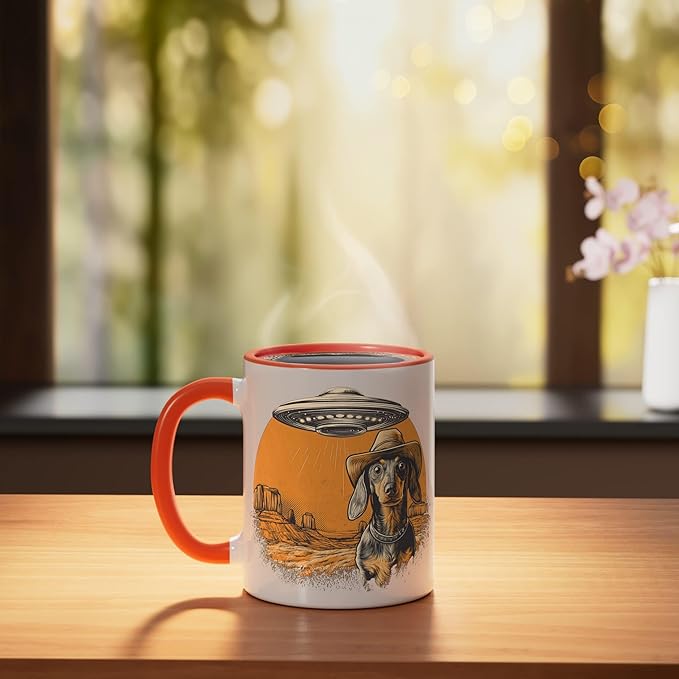 Retro Western UFO Dachshund Cowboy Alien Sci Fi Desert Ceramic Mug, Orange/White