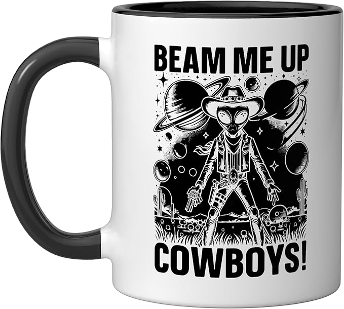 Alien Lover Flying Saucer UFO Extraterrestrial Cowboy Ceramic Mug, Black/White