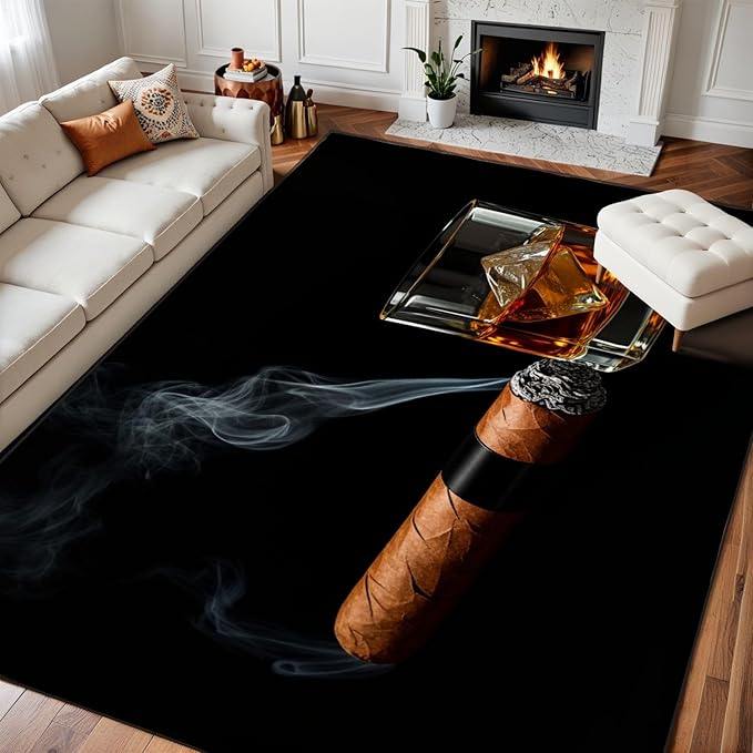 8x10 Area Rugs for Bedroom Boho Washable Man Cave Rug for Living Room Cigar Whiskey Ice Cubes Glass Black Soft Rubber Backed Non-Slip Large Carpets for Boys