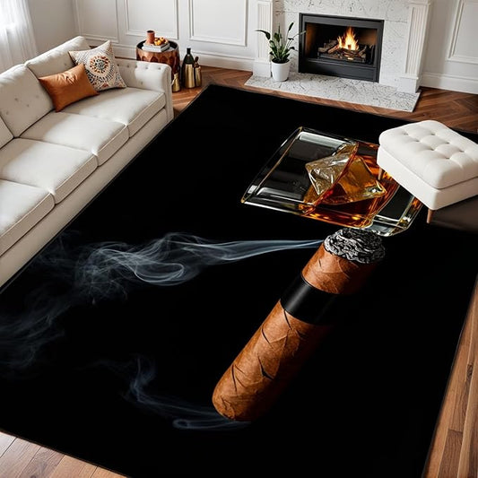 10x14 Area Rugs for Bedroom Boho Washable Man Cave Rug for Living Room Cigar Whiskey Ice Cubes Glass Black Soft Rubber Backed Non-Slip Large Carpets for Boys