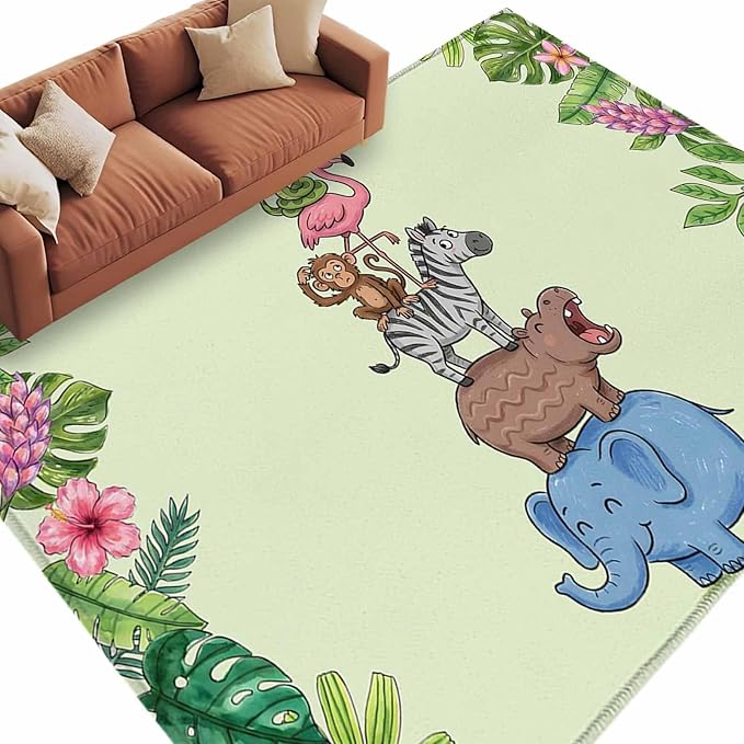 Area Rug 6x9ft, Funny Elephant Zebra Flamingo Washable Rugs for Living Room Bedroom, Tropical Leaves Floral Soft Non-Slip Area Rugs Rectangle Floor Carpet for Dining Room