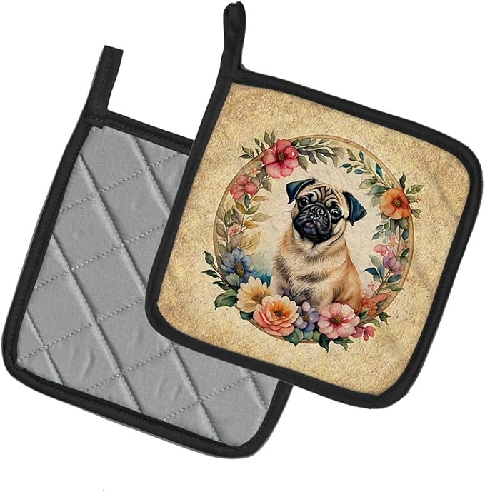Caroline's Treasures Fawn Pug and Flowers Pair of Pot Holders Kitchen Heat Resistant Pot Holders Sets Oven Hot Pads for Cooking Baking BBQ, 7 1/2 x 7 1/2