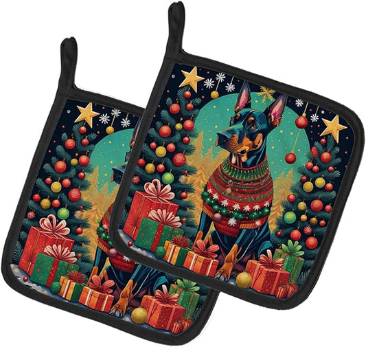 Caroline's Treasures Doberman Pinscher Christmas Pair of Pot Holders Kitchen Heat Resistant Pot Holders Sets Oven Hot Pads for Cooking Baking BBQ, 7 1/2 x 7 1/2
