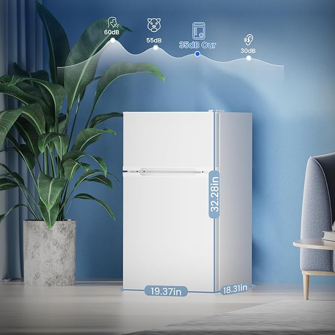 Electactic 3.1 Cu.Ft Small Fridge with Freezer, Compact Refrigerator with 2 Doors, Mini Fridge with Adjustable Removable Glass Shelves for Bedroom, Dorm, Office or Apartment,White
