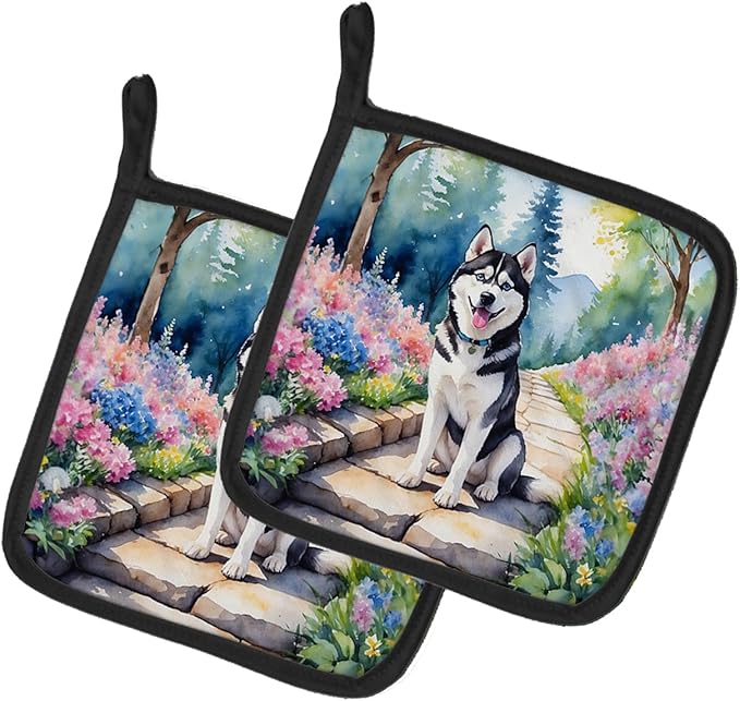 Caroline's Treasures Siberian Husky Spring Path Pair of Pot Holders Kitchen Heat Resistant Pot Holders Sets Oven Hot Pads for Cooking Baking BBQ, 7 1/2 x 7 1/2