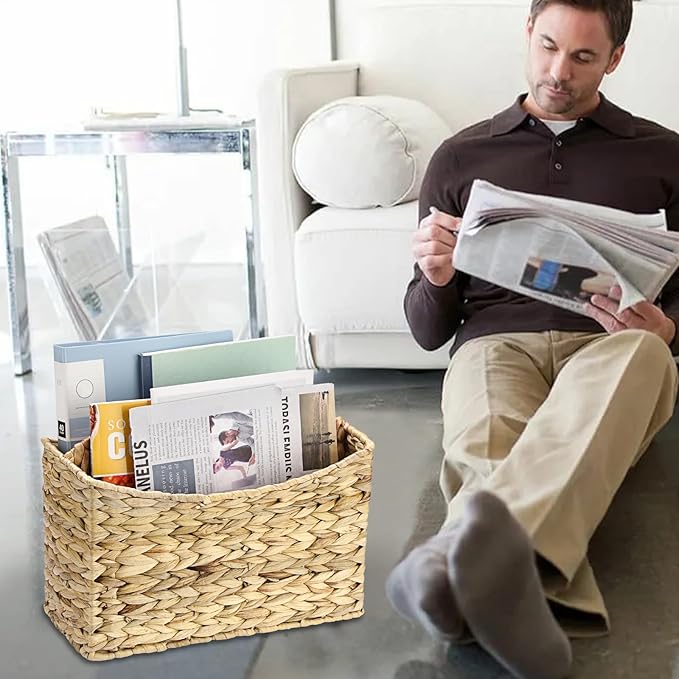 BTSKY Woven Magazine Holder, 2-Section Water Hyacinth Magazine Basket, Natural Storage Basket Bin for Books & Files, Bathroom Magazine Rack with Built-in-Handle for Home, Office & Desk
