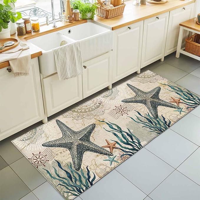 Runner Rug for Bedroom Hallway, Nautical Starfish Teal Seaweed Starfish Kitchen Runner Rugs Area Rug 2x6ft, Marine Life Washable Soft Floor Carpet for Entryway Stair