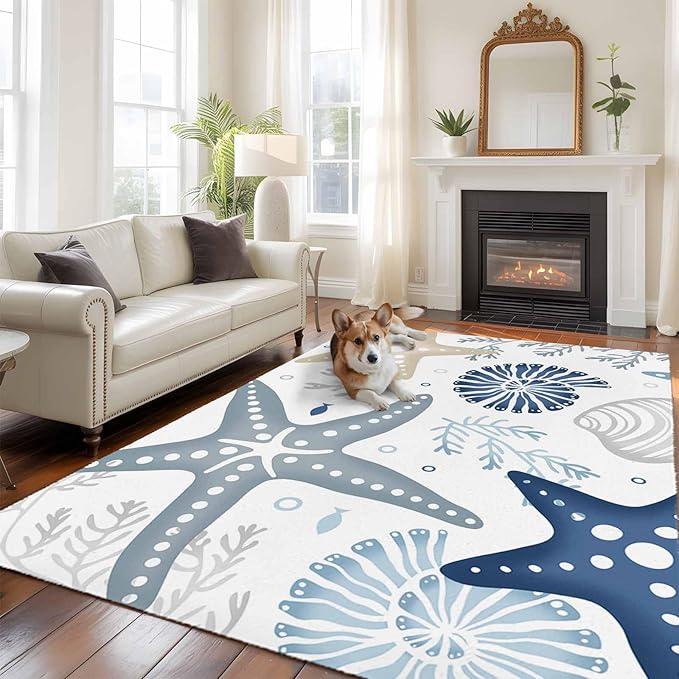 Area Rug 6x9ft, Ocean Starfish Shell Conch Washable Rugs for Living Room Bedroom, Sea Blue Coral Seamless Soft Non-Slip Area Rugs Rectangle Floor Carpet for Dining Room