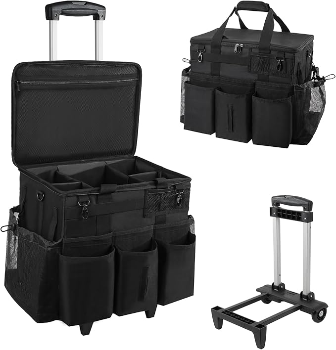 SCAVATA Rolling Cleaning Caddy Bag with Detachable Trolley, Large Cleaning Supplies Organizer with Wheels, Multi Pocket Cleaning Cart with Adjustable Shoulder Strap for Housekeepers & Home Use, Black