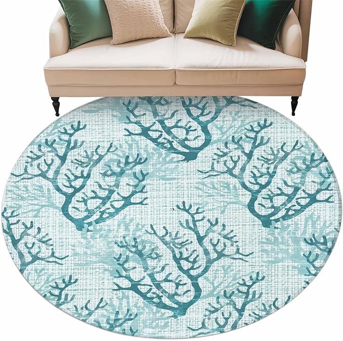 Washable Round Area Rug Coastal Sea Coral Retro Linen Circle Rugs Floor Carpet for Living Room Bedroom, Underwater Ocean Life Soft Non Slip Round Rug 5ft