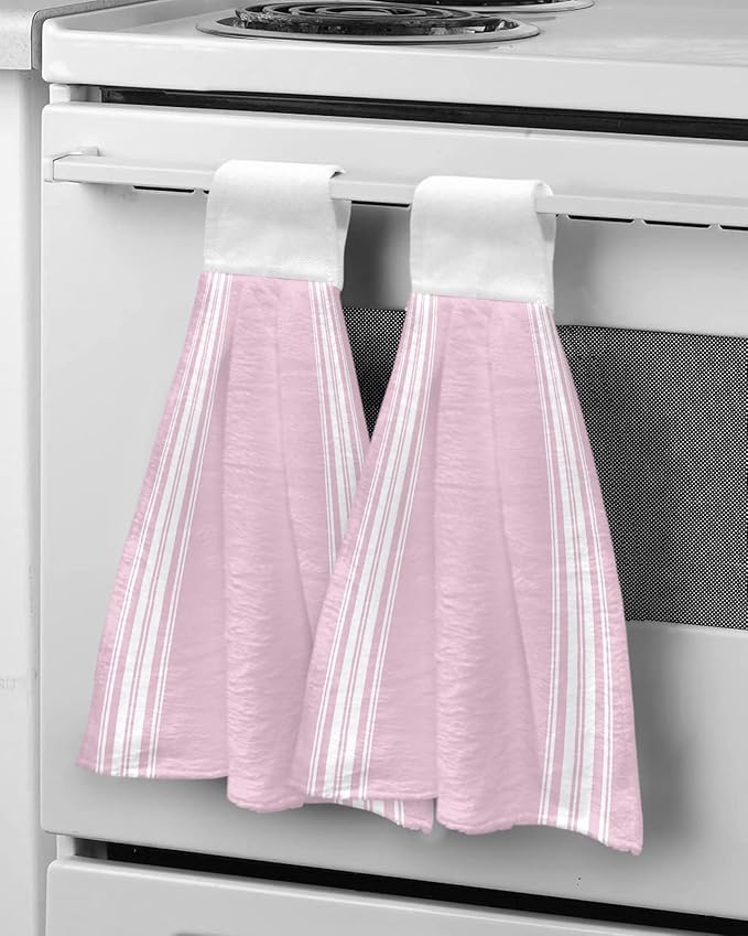Alandar Home Kitchen Tie Towel Set of 2, Rustic Modern Minimalist Art Absorbent Soft Hand Towels for Bathroom Hanging Towels, White Stripe Line on Pink Fast Drying Cleaning Cloth with Loop