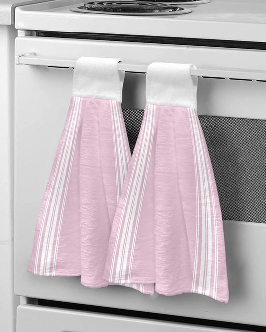 Alandar Home Kitchen Tie Towel Set of 2, Rustic Modern Minimalist Art Absorbent Soft Hand Towels for Bathroom Hanging Towels, White Stripe Line on Pink Fast Drying Cleaning Cloth with Loop