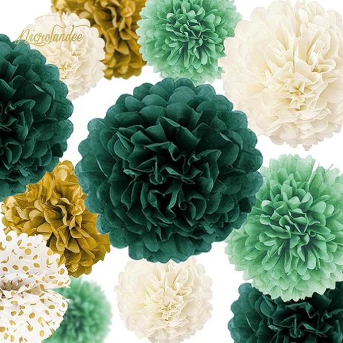 NICROLANDEE Green Wedding Party Decorations - 15 PCS Green Tissue Paper Pom Poms, Dots Paper Garland for Neutral Baby Shower, St. Patrick's Day Party, Birthday, Bridal Showers, Rustic Wedding Decor