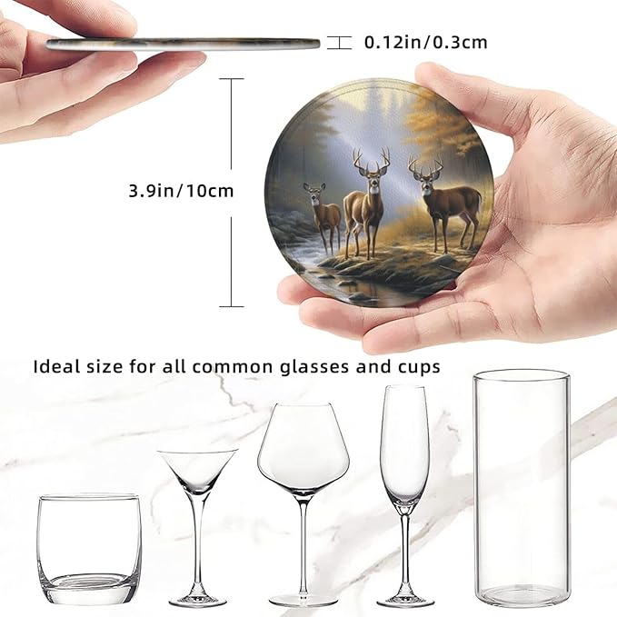 Animal World Wildlife River Edge Deers Leather Drinks Coasters with Holder, Set of 6, Suitable for Various Cups