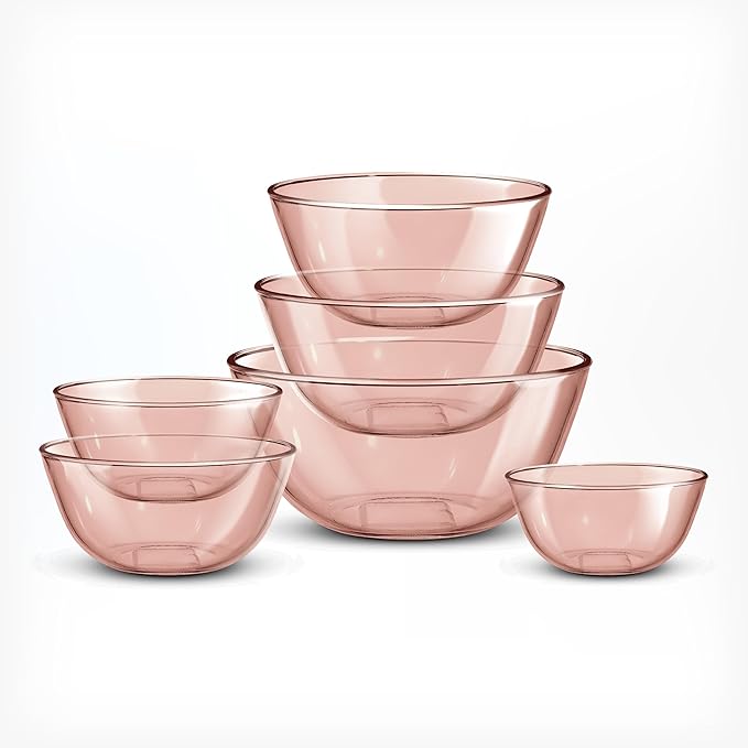 COOK WITH COLOR 12 Pc Glass Mixing Bowl Set with Lids – Borosilicate Glass Nesting Bowls for Cooking, Baking and Meal Prep, Colored Pink