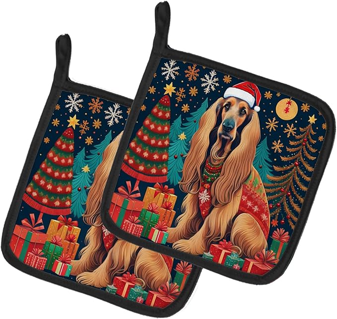 Caroline's Treasures Afghan Hound Christmas Pair of Pot Holders Kitchen Heat Resistant Pot Holders Sets Oven Hot Pads for Cooking Baking BBQ, 7 1/2 x 7 1/2