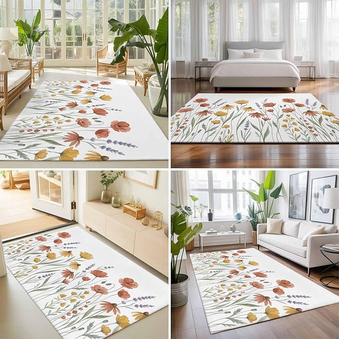 Area Rug 3x5ft, Watercolor Daisies Lavender Washable Rugs for Living Room Bedroom, Country Floral Art Soft Non-Slip Area Rugs Rectangle Floor Carpet for Dining Room