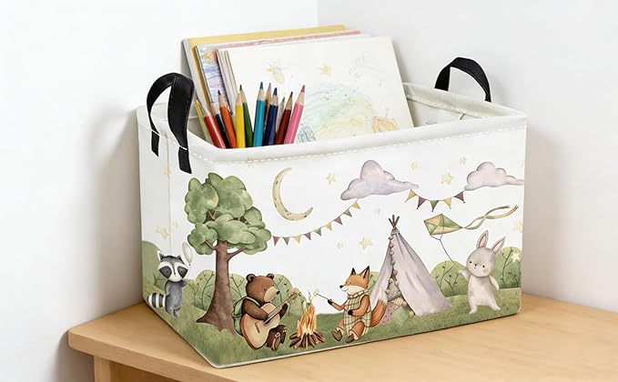 Essme Rectangular Animal Basket,Camping Baskets Empty with Handles,Cute Baskets for kids Room Decor,Boys and Girls, Gift Basket,(Camping animal)