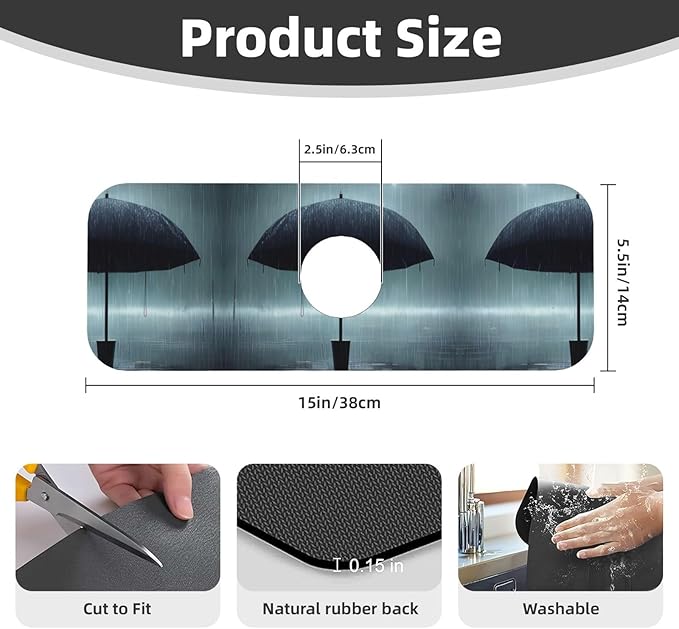 Black Umbrella in the rain Printed Faucet Absorbent mat, Suitable for bathrooms, Kitchens, and Other Sink Areas.
