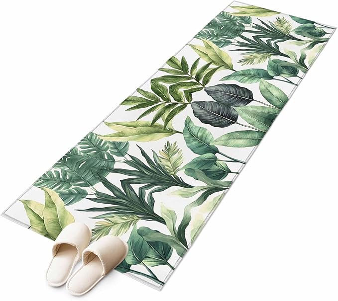 Runner Rug for Bedroom Hallway, Summer Green Tropical Palm Leaves Kitchen Runner Rugs Area Rug 2x6ft, Watercolor Plant Washable Soft Floor Carpet for Entryway Stair