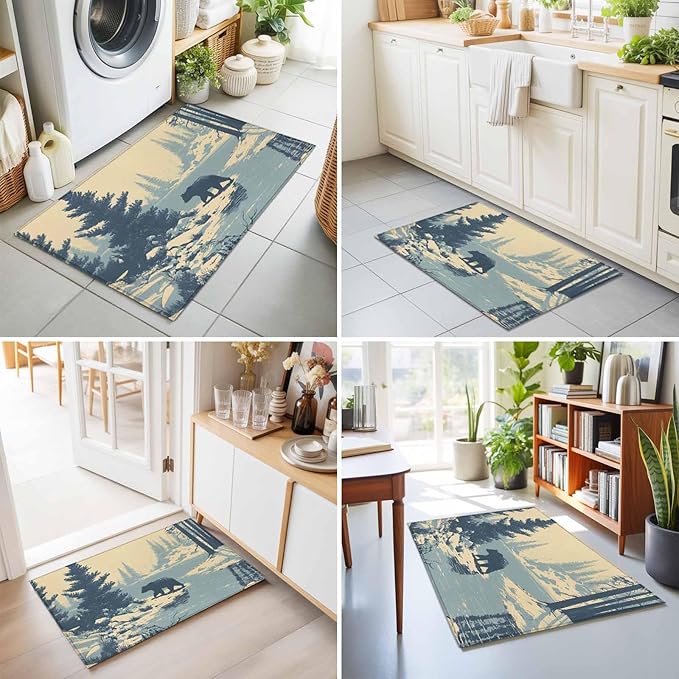 Area Rug 2x3ft, Winter Bear Evergreen Trees Washable Rugs for Living Room Bedroom, Rustic Snow River Soft Non-Slip Area Rugs Rectangle Floor Carpet for Dining Room