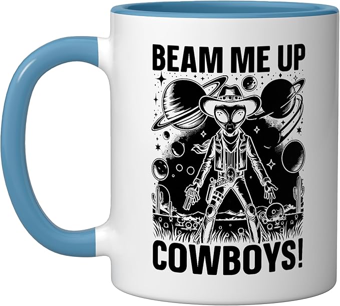 Alien Lover Flying Saucer UFO Extraterrestrial Cowboy Ceramic Mug, Blue/White