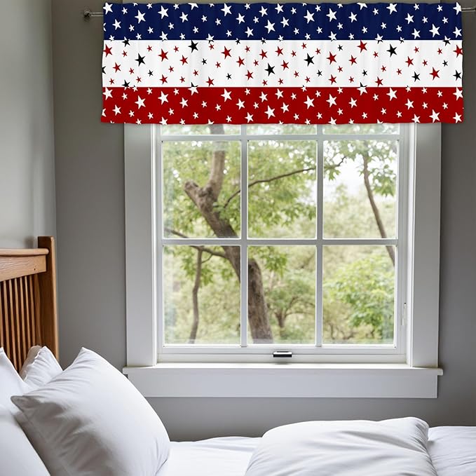 54x18Inch Star Stripe Print Topper Curtains Red Blue White Voile Window Treatment Bedroom Kitchen Independence Day 4th of July Patriotic Decor Short Semi Sheer Valance Drapes American