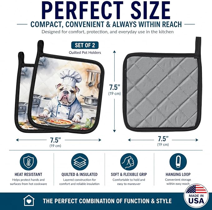 Caroline's Treasures English Bulldog The Chef Pair of Pot Holders Kitchen Heat Resistant Pot Holders Sets Oven Hot Pads for Cooking Baking BBQ, 7 1/2 x 7 1/2