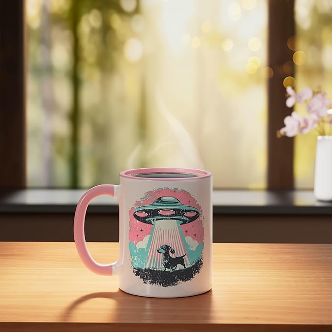 Retro UFO Dachshund Dog Alien Beam Vintage Sci Fi Pooch Ceramic Mug, Pink/White