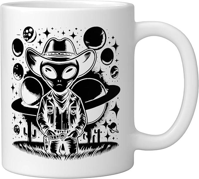 Alien Lover Flying Saucer UFO Extraterrestrial Cowboy Ceramic Mug, White