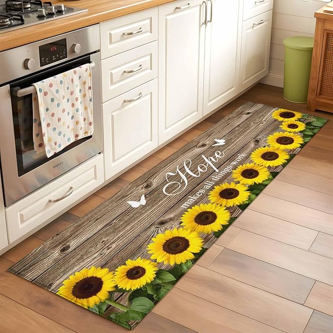 Runner Rug for Bedroom Hallway, Farm Sunflower Positive Energy Quote Kitchen Runner Rugs Area Rug 2x6ft, Retro Dark Brown Wood Grain Washable Soft Floor Carpet for Entryway Stair