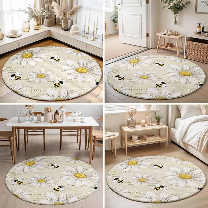 Washable Round Area Rug Retro Watercolor White Floral Bee Circle Rugs Floor Carpet for Living Room Bedroom, Summer Daisy Letter Texture Soft Non Slip Round Rug 5ft