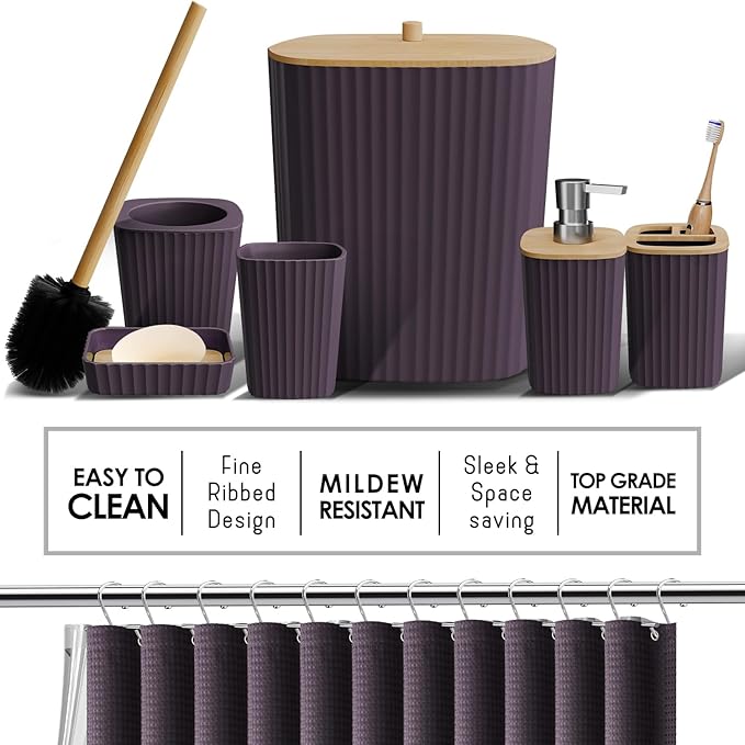 Clara Clark Bathroom Accessories Set - Bathroom Set, Bathroom Sets with Shower Curtain and Rugs, Shower Curtain Set with Trash Can - Purple - 22PC