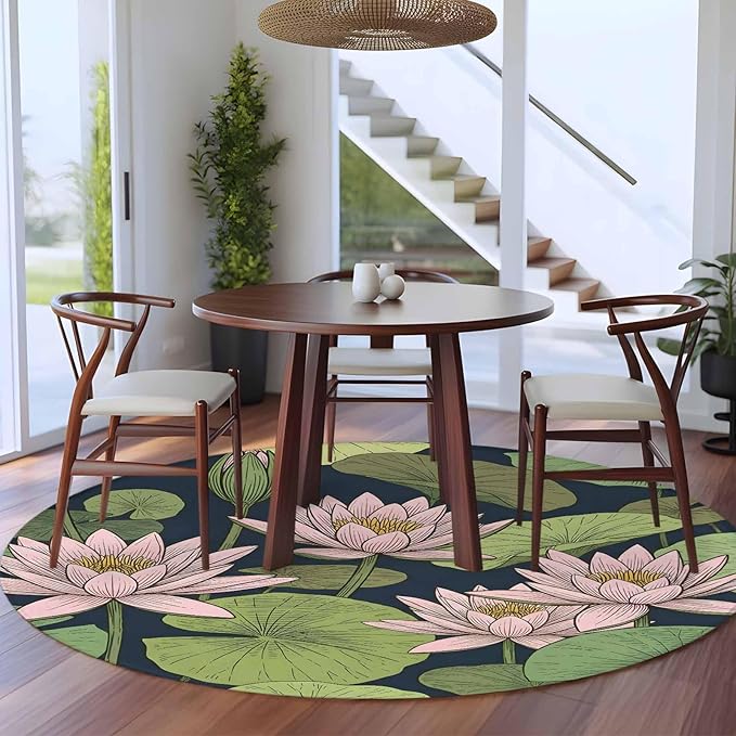 Washable Round Area Rug Pink Lotus Water Lily Dark Green Leaves Circle Rugs Floor Carpet for Living Room Bedroom, Oriental Style Soft Non Slip Round Rug 5ft