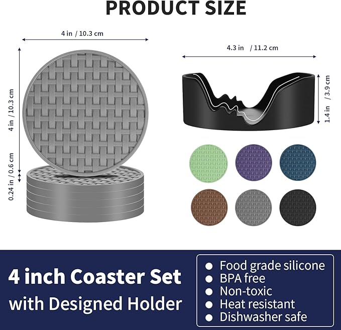 Gray Silicone Coasters with Holder, 4 Inch Non-Slip Heat-Resistant Drink Coasters Set of 6, Waterproof Decorative Round Cup Mats for Home, Kitchen, Office, Bar Coffee Table, Housewarming Gift