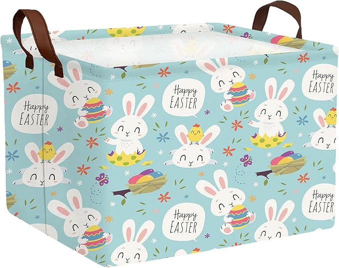 Large Rectangular Easter Baskets Empty Waterproof Boy Toy Box Foldable Kid's Gifts Storage Bin Spring Room Decor(Flower Rabbit Holding Egg)