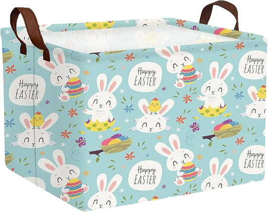 Large Rectangular Easter Baskets Empty Waterproof Boy Toy Box Foldable Kid's Gifts Storage Bin Spring Room Decor(Flower Rabbit Holding Egg)