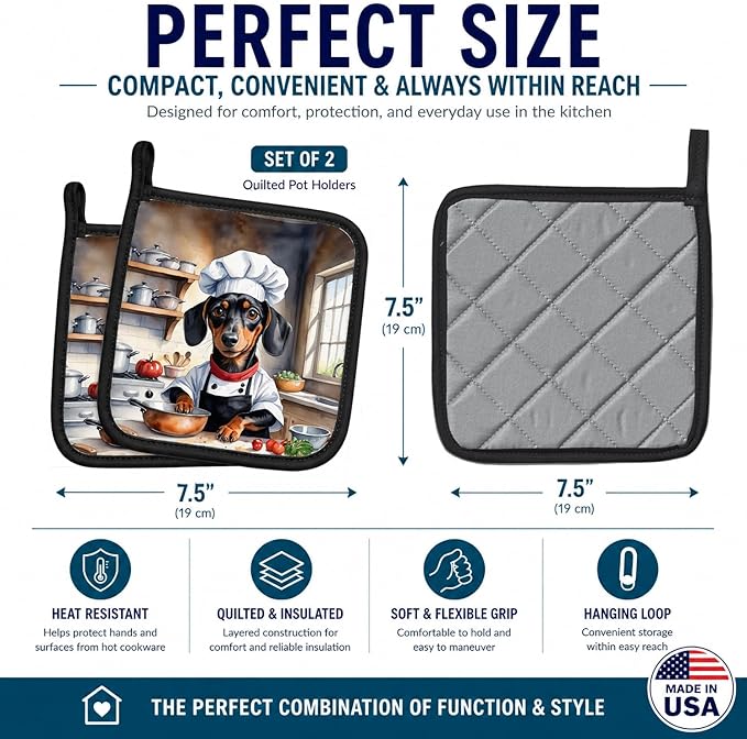 Caroline's Treasures Dachshund The Chef Pair of Pot Holders Kitchen Heat Resistant Pot Holders Sets Oven Hot Pads for Cooking Baking BBQ, 7 1/2 x 7 1/2