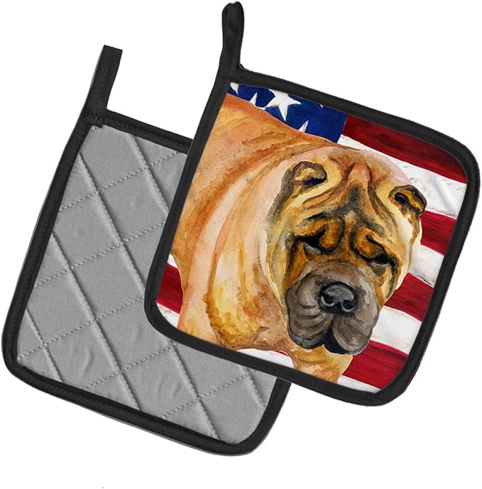 Caroline's Treasures BB9661PTHD Shar Pei Patriotic Pair of Pot Holders Kitchen Heat Resistant Pot Holders Sets Oven Hot Pads for Cooking Baking BBQ, 7 1/2 x 7 1/2