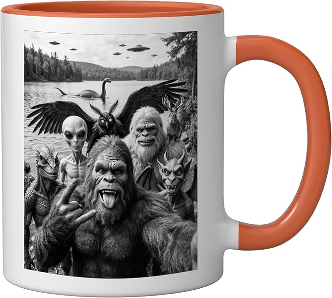 Bigfoot Alien Loch Ness Monster UFO Cryptids Selfie Ceramic Mug, Orange/White