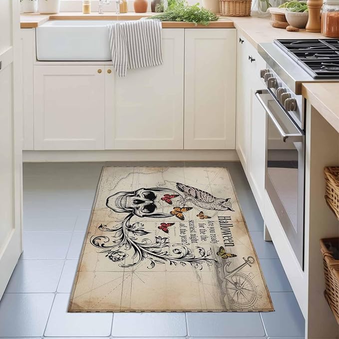 Area Rug 2x3ft, Halloween Skull Owls on Vintage Washable Rugs for Living Room Bedroom, Retro Butterflies Flower Soft Non-Slip Area Rugs Rectangle Floor Carpet for Dining Room