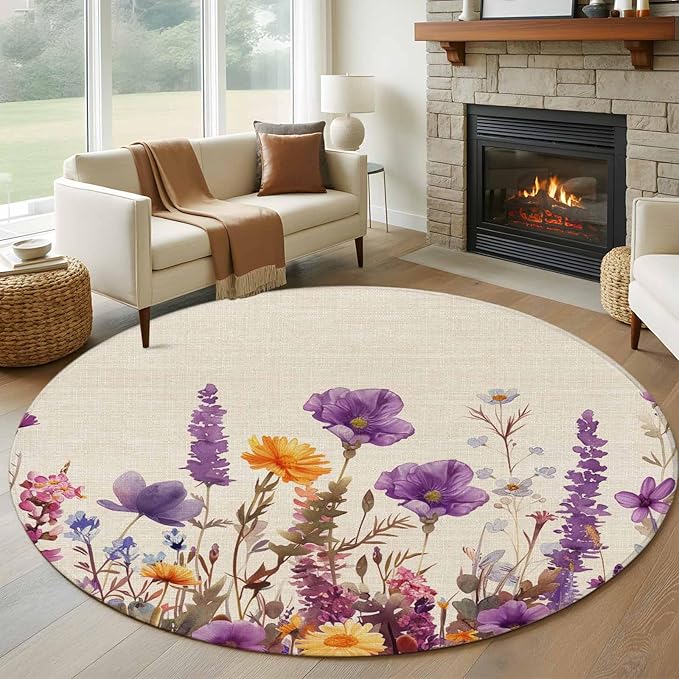 Washable Round Area Rug Country Flower Purple Lavender Plant Circle Rugs Floor Carpet for Living Room Bedroom, Retro Linen Soft Non Slip Round Rug 5ft